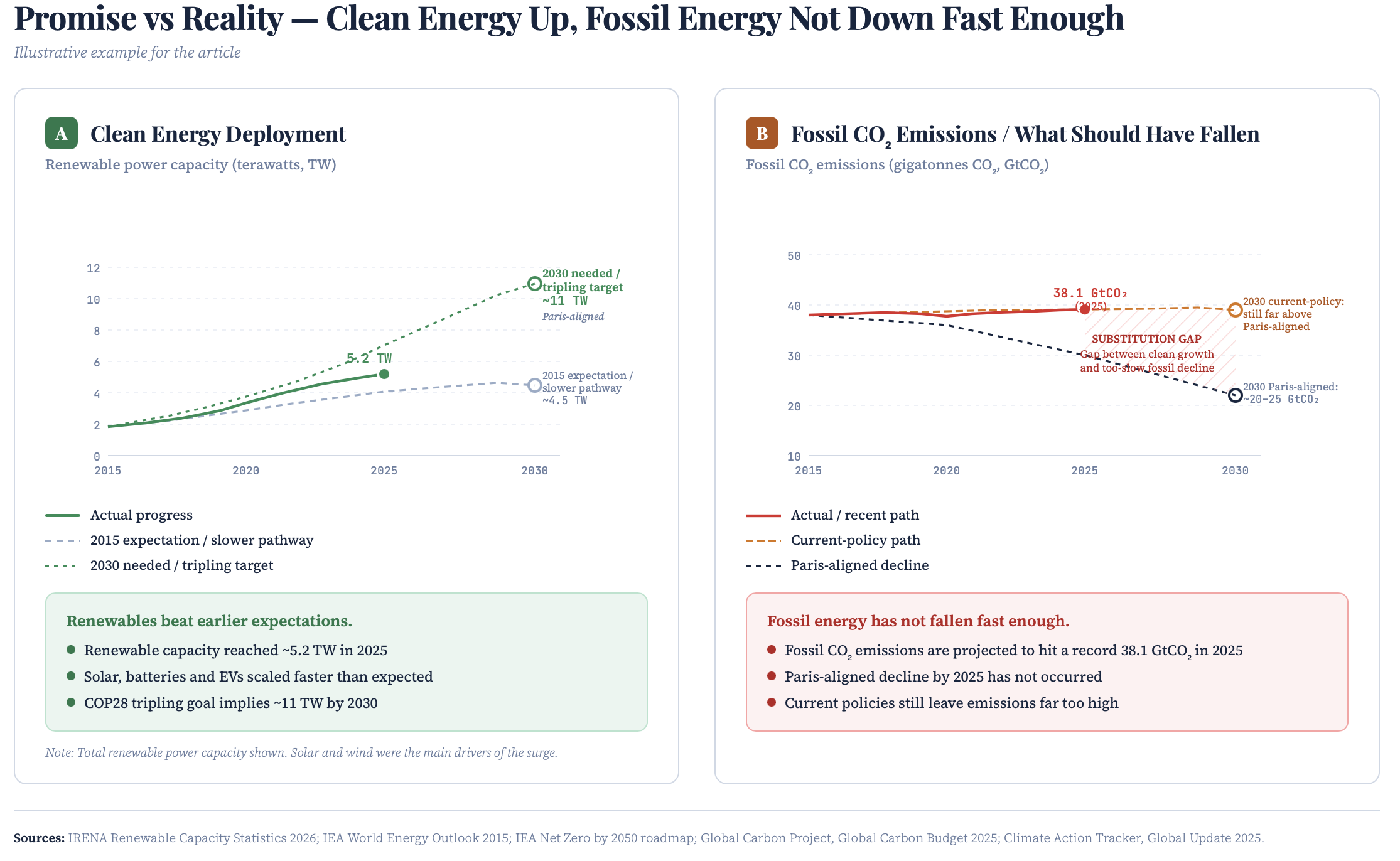 Chart showing clean energy capacity growth versus fossil fuel emissions from 2015 to 2025, illustrating the gap between clean energy addition and fossil fuel removal